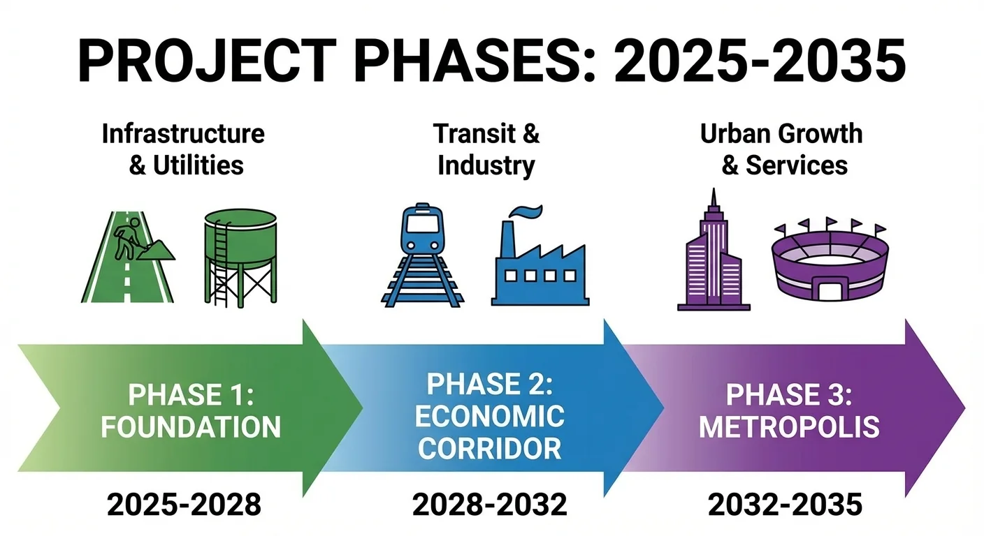 Three-phase delivery sequence for infrastructure, transit, industry and urban services